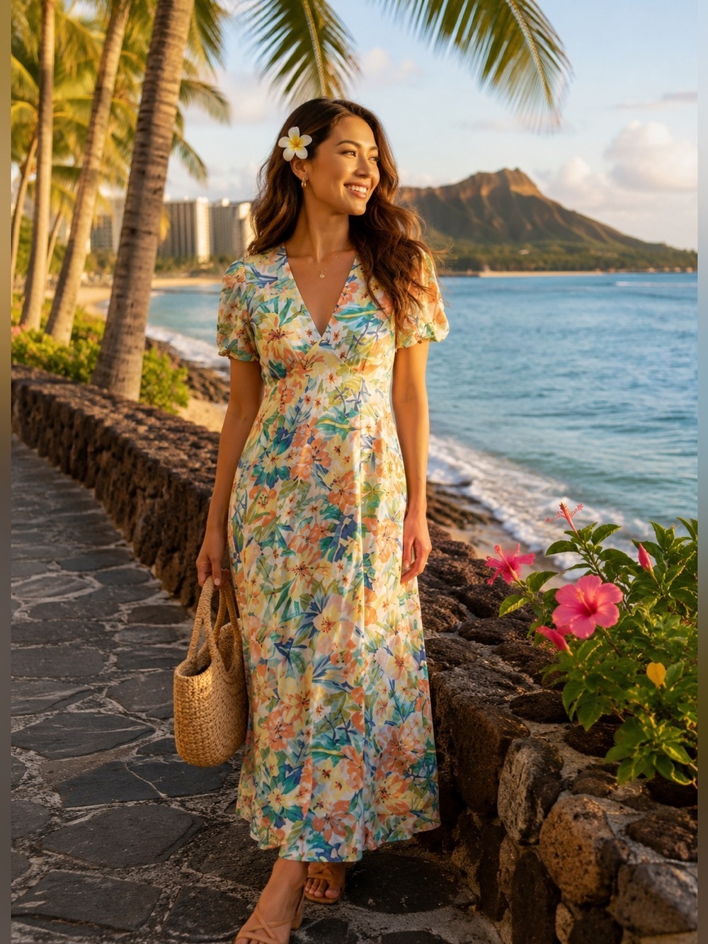 Billabong | Tropical Floral Empire Waist Midi Dress - Size Large